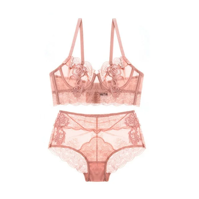 Basic Embroidered Classic Style Lace Brassiere & Panty