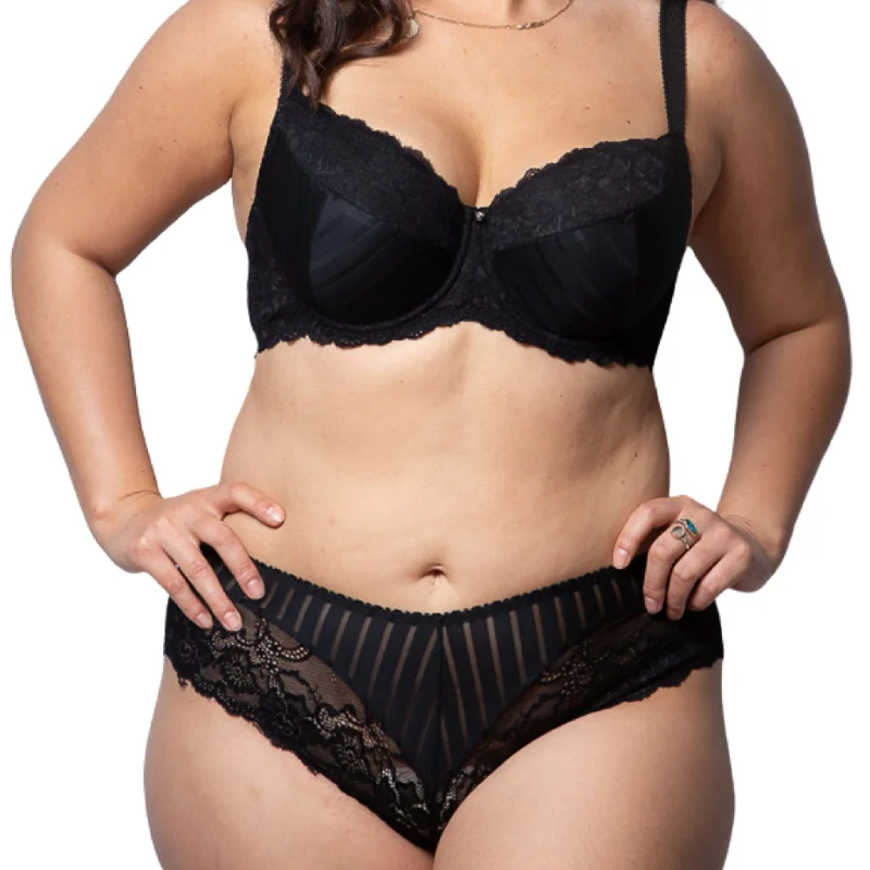 Belleza Satin and Lace Low-Rise Brazilian Briefs in Black