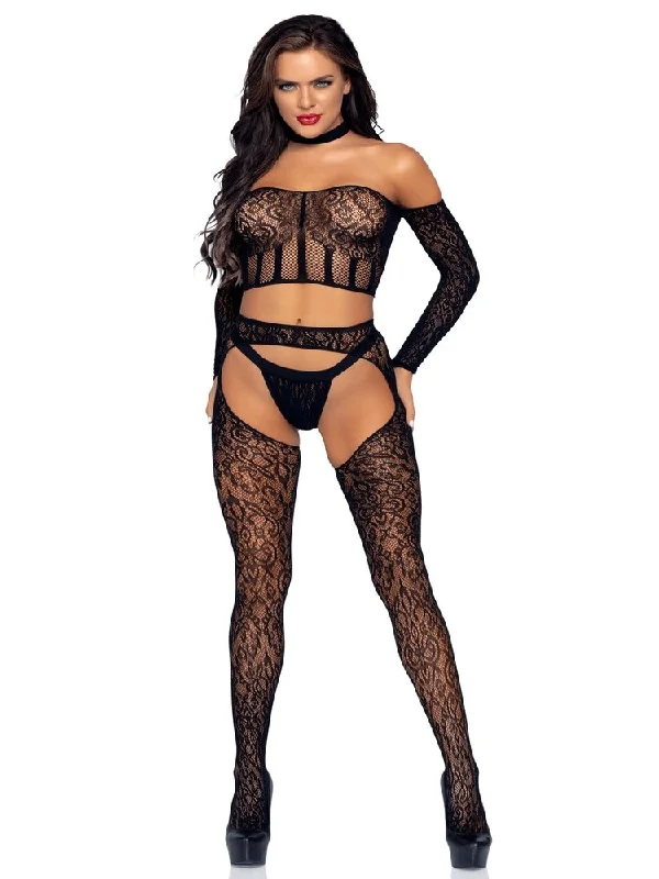 Floral Net Bodystocking Crop Top Set