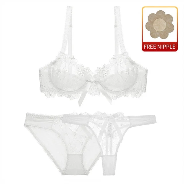 Intricate Floral Lace Bra + Panty + Thong 3pcs set