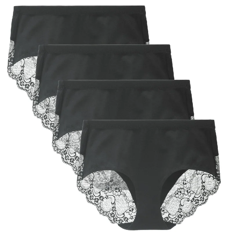 LIQQY Women's 4 Pack Combed Cotton Lace Full Coverage High Rise Brief Panty Underwear