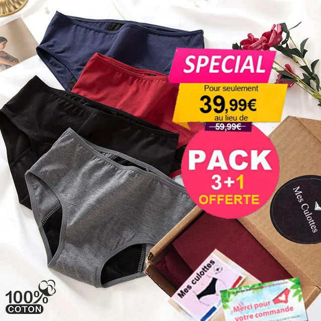 Pack de 4 culottes menstruelles pour flux léger à moyen en coton bio