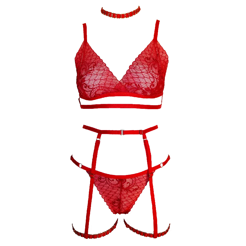 Rose Lee lace lingerie set with garters red