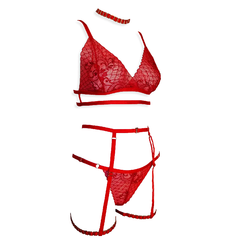 Rose Lee lace lingerie set with garters red