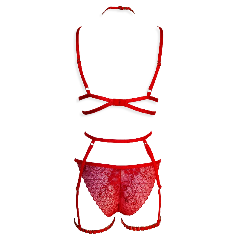 Rose Lee lace lingerie set with garters red