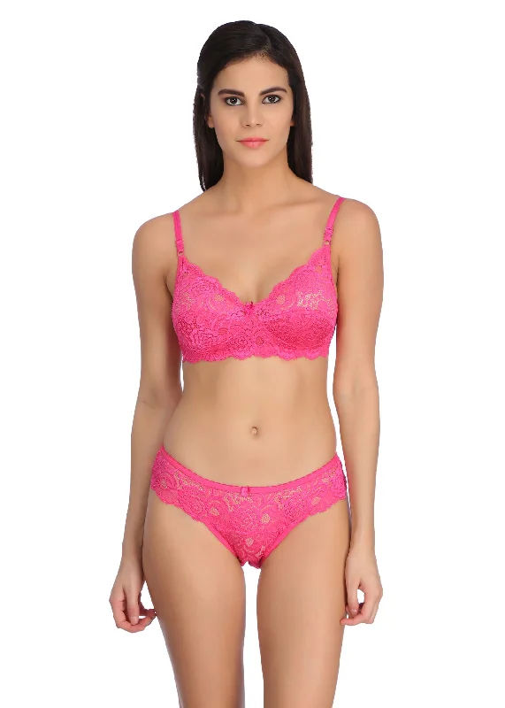 Shagun Set In Fuchsia Pink | Floral Lace Set