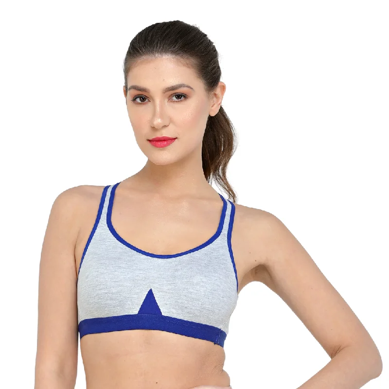 Deevaz Non-Padded Cotton Rich Cross Back Sports Bra In Blue Melange Colour Detailing.