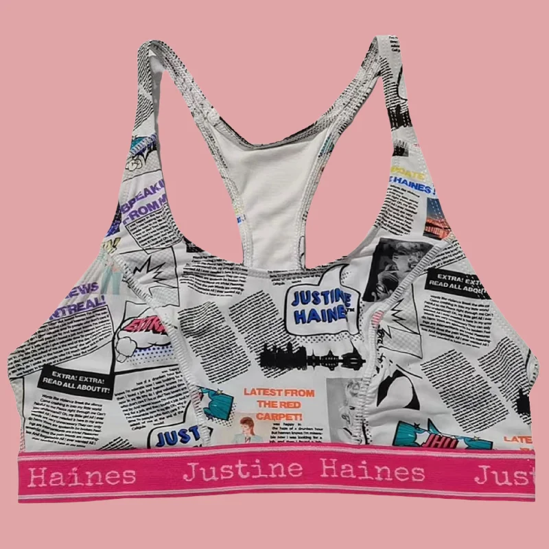 T-Back Racer Sports Bra in Fashion Newspaper