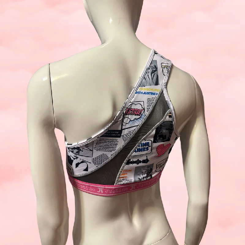 One Shoulder Sports Bra with see thru Mesh insert in FASHION NEWSPAPER print